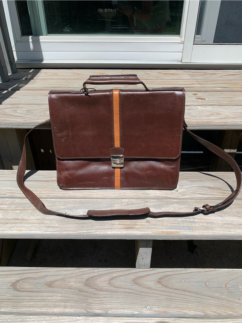 HIDESIGN Brown Leather Laptop Briefcase Tan Stripe Crossbody Push Lock with key